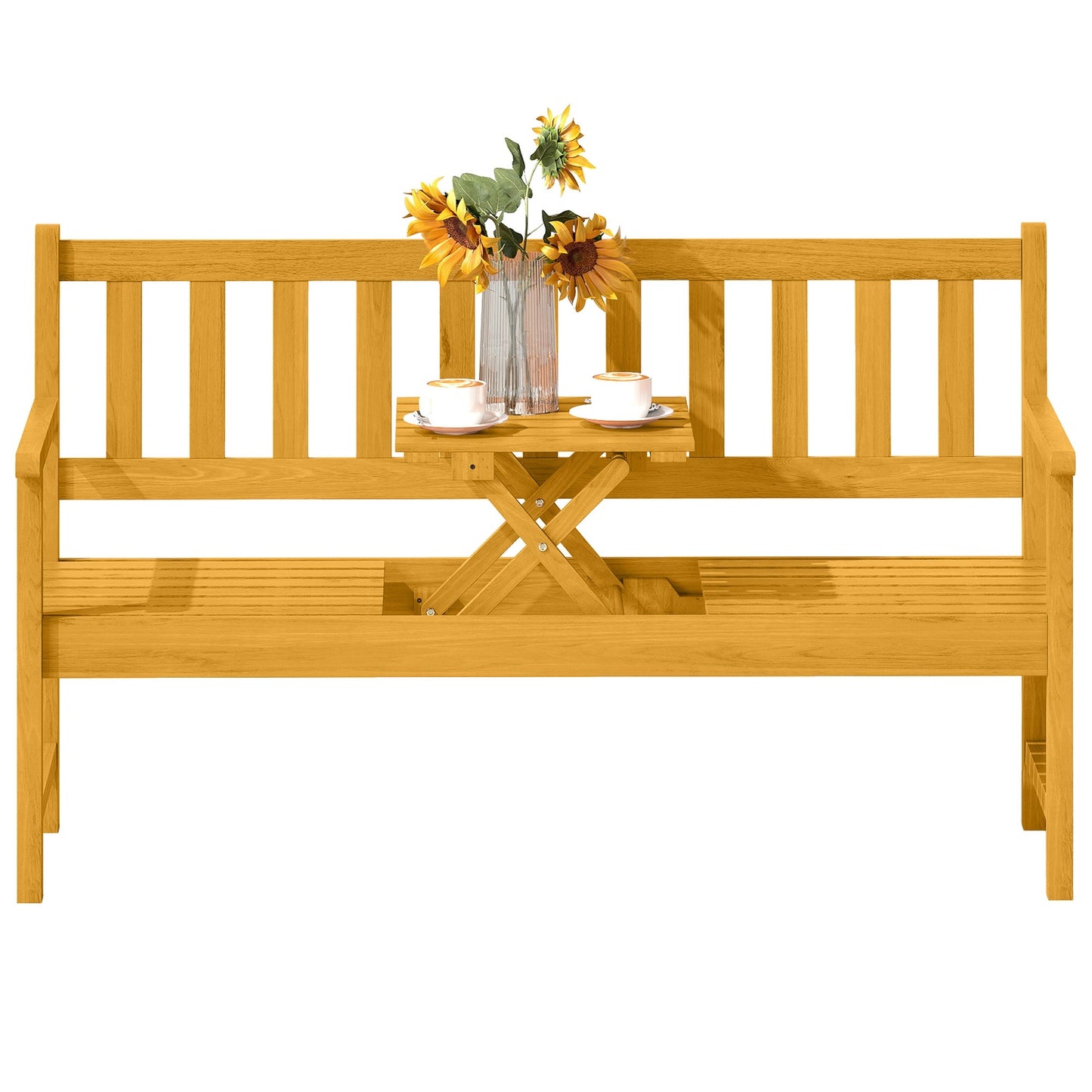 2-Seater Acacia Garden Bench, Teak Finish, Foldable Table