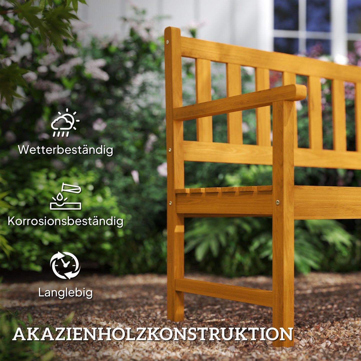 2-Seater Acacia Garden Bench, Teak Finish, Foldable Table