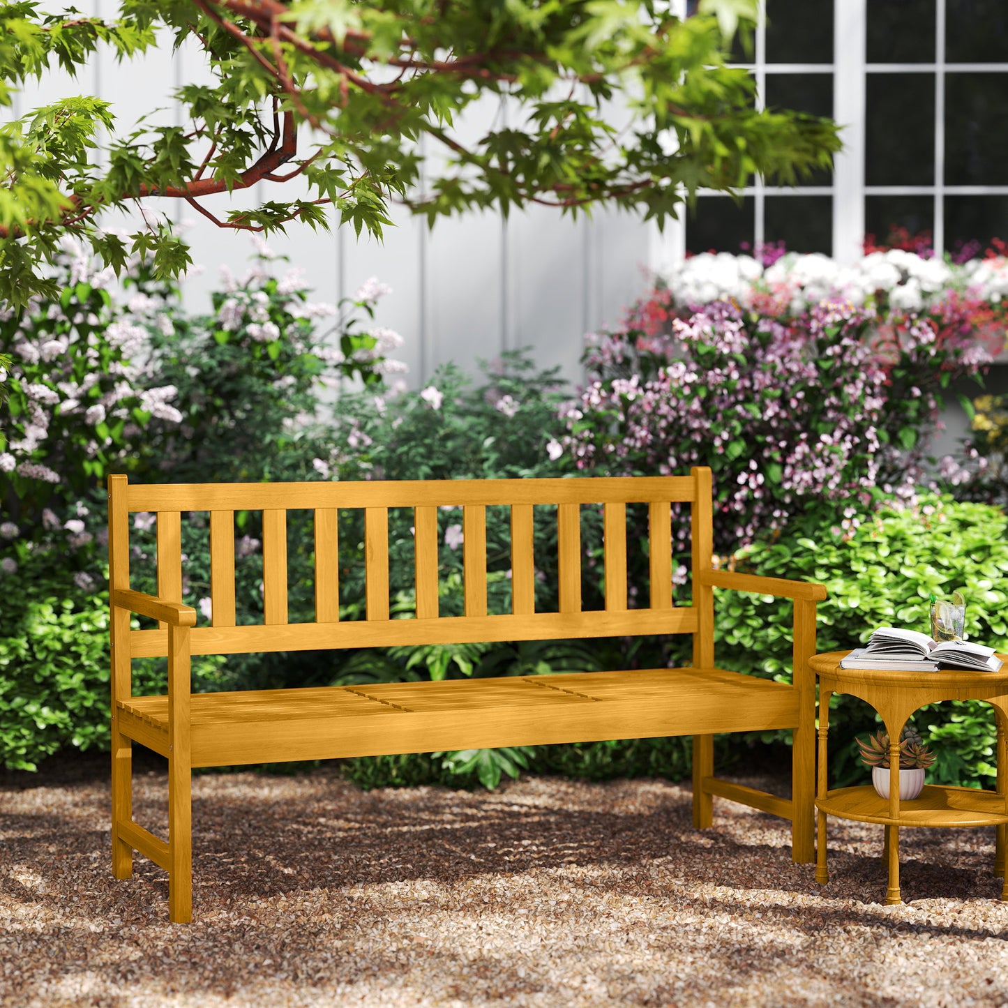 2-Seater Acacia Garden Bench, Teak Finish, Foldable Table