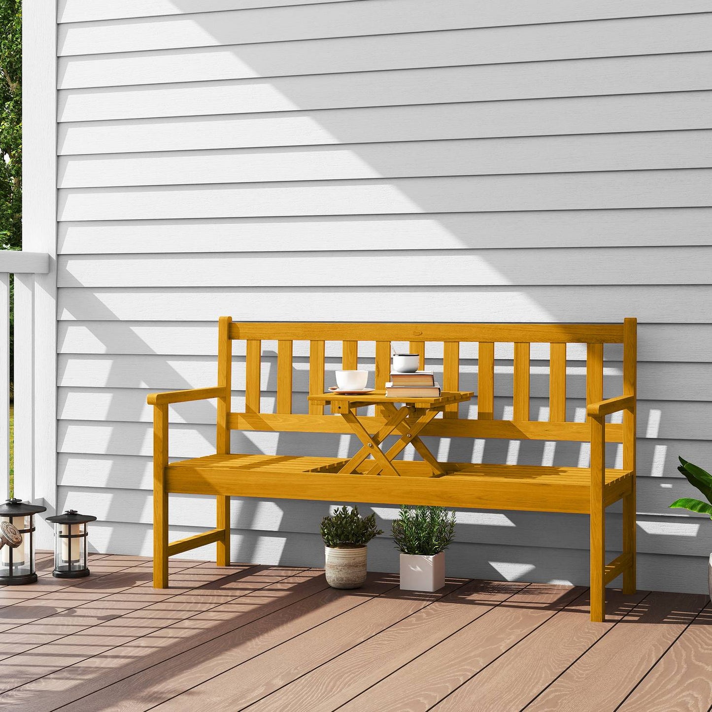 2-Seater Acacia Garden Bench, Teak Finish, Foldable Table