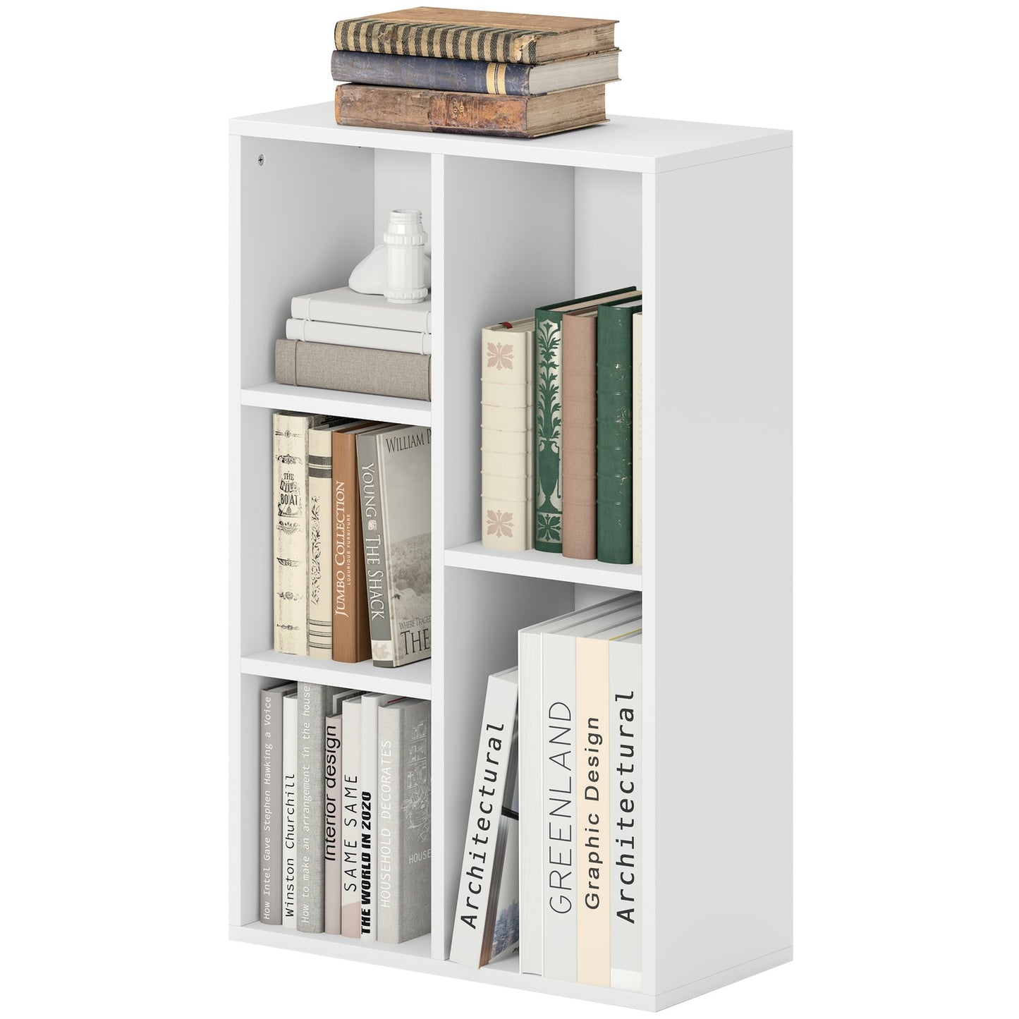 Two-Tier Bookshelf, 5 Compartments, White Particleboard