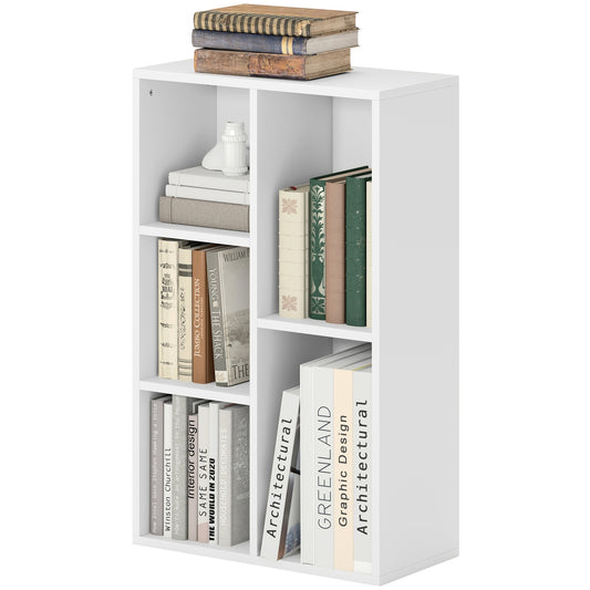 Two-Tier Bookshelf, 5 Compartments, White Particleboard
