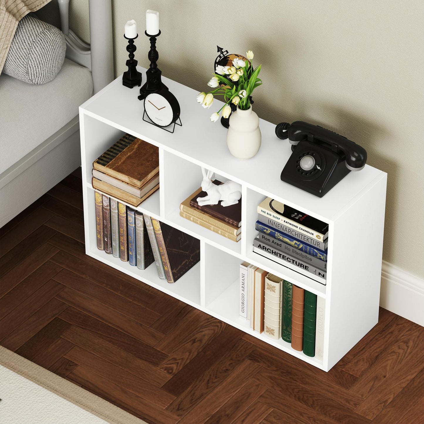 Two-Tier Bookshelf, 5 Compartments, White Particleboard