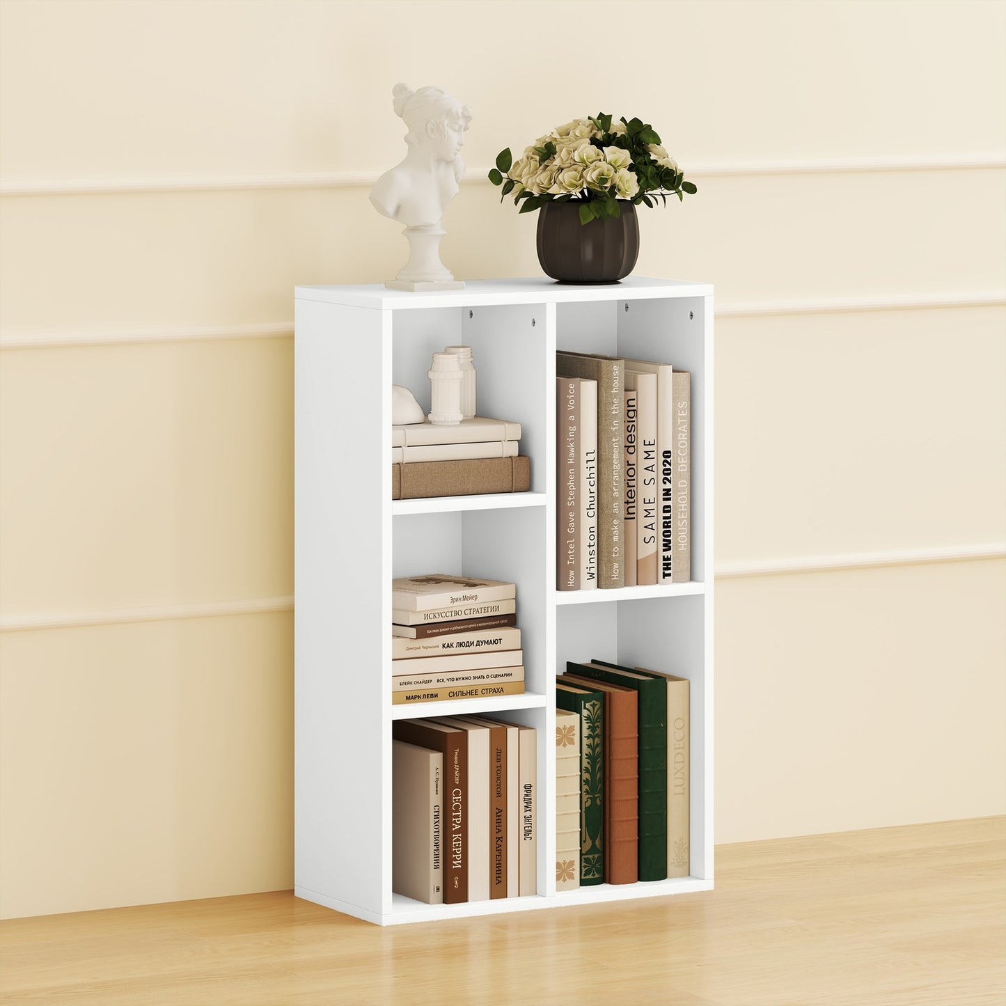 Two-Tier Bookshelf, 5 Compartments, White Particleboard