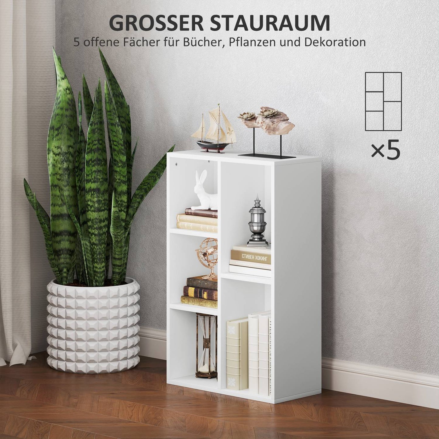 Two-Tier Bookshelf, 5 Compartments, White Particleboard