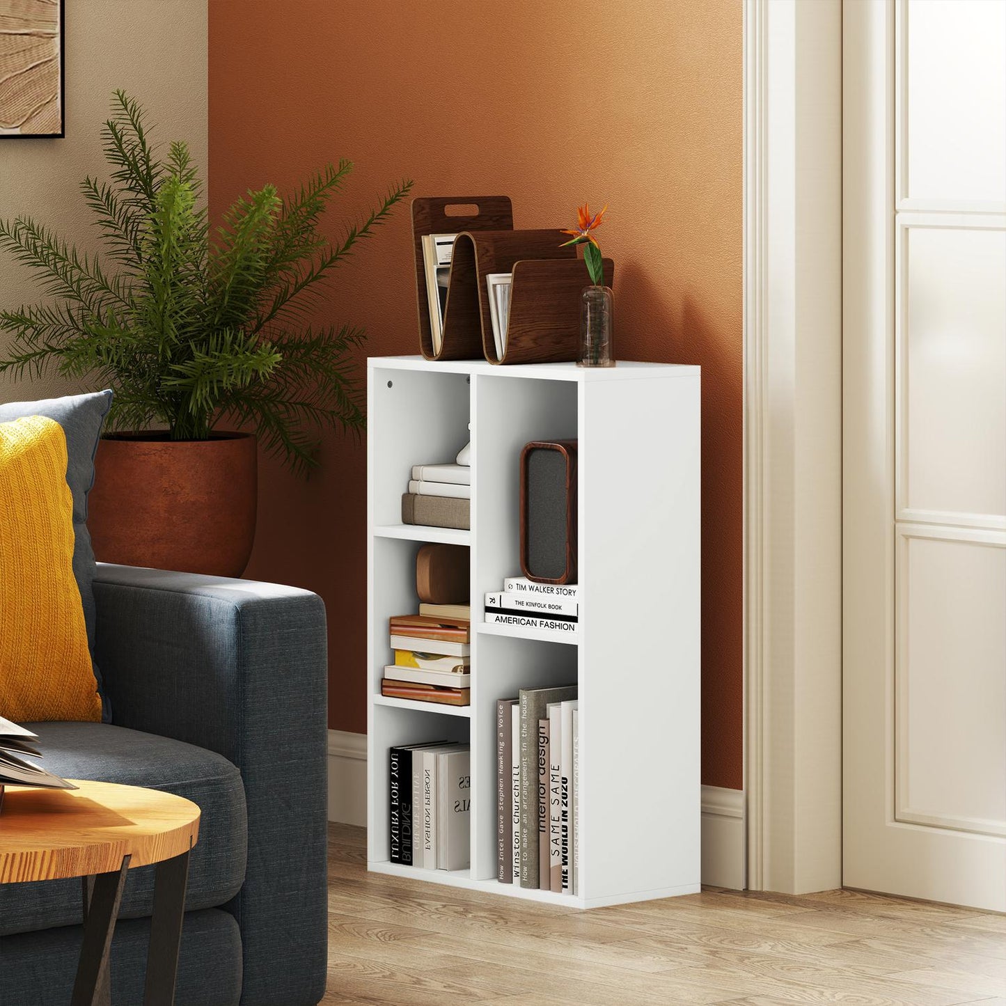 Two-Tier Bookshelf, 5 Compartments, White Particleboard