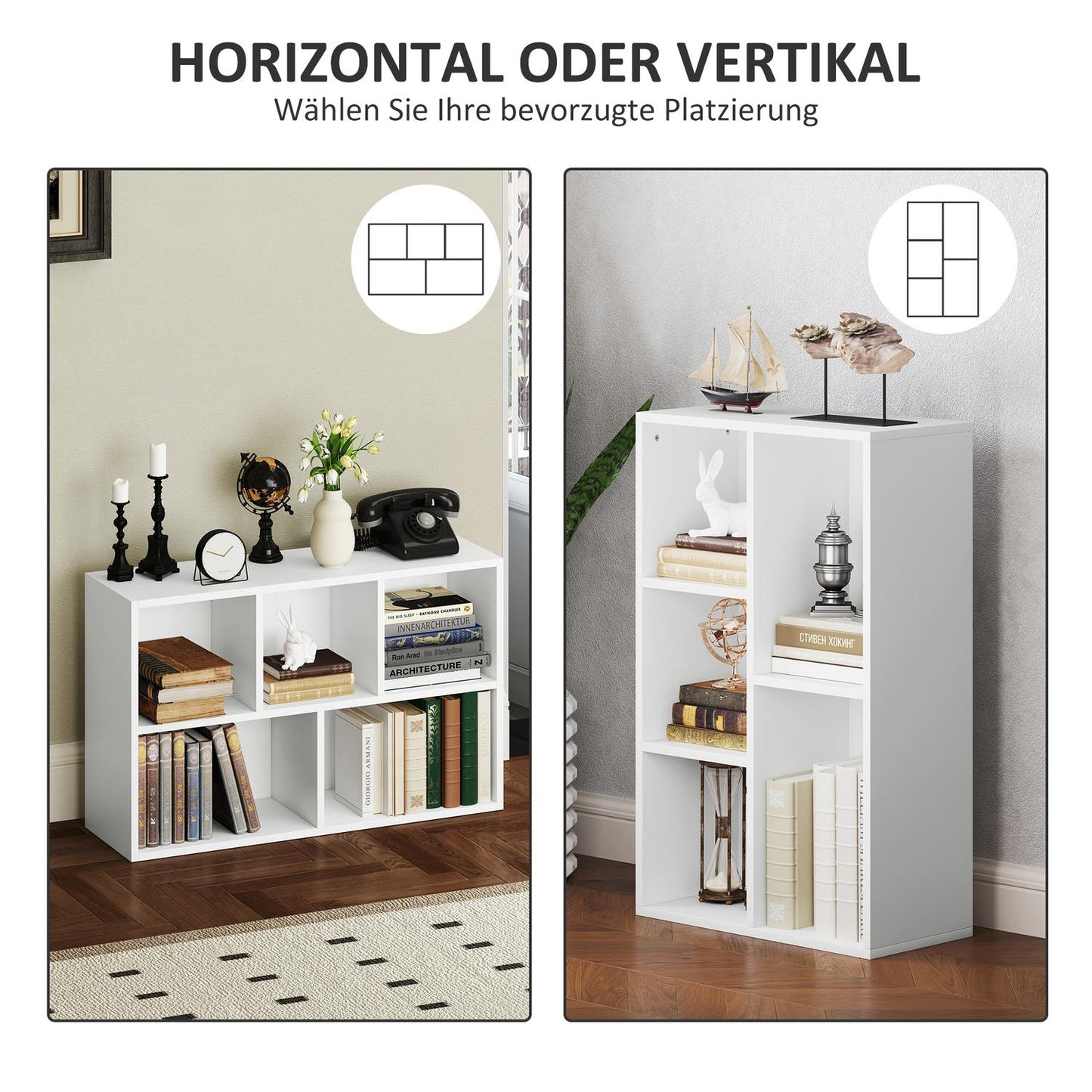 Two-Tier Bookshelf, 5 Compartments, White Particleboard