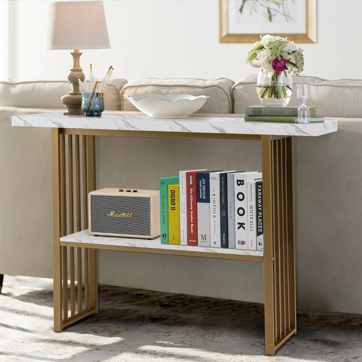 2 tier console table with marble look 120 x 29.5 x 92.5 cm white & gold