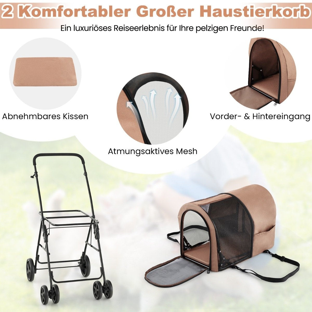 2 tier dog stroller up to 16 kg dog buggy with mesh windows drink holder beige