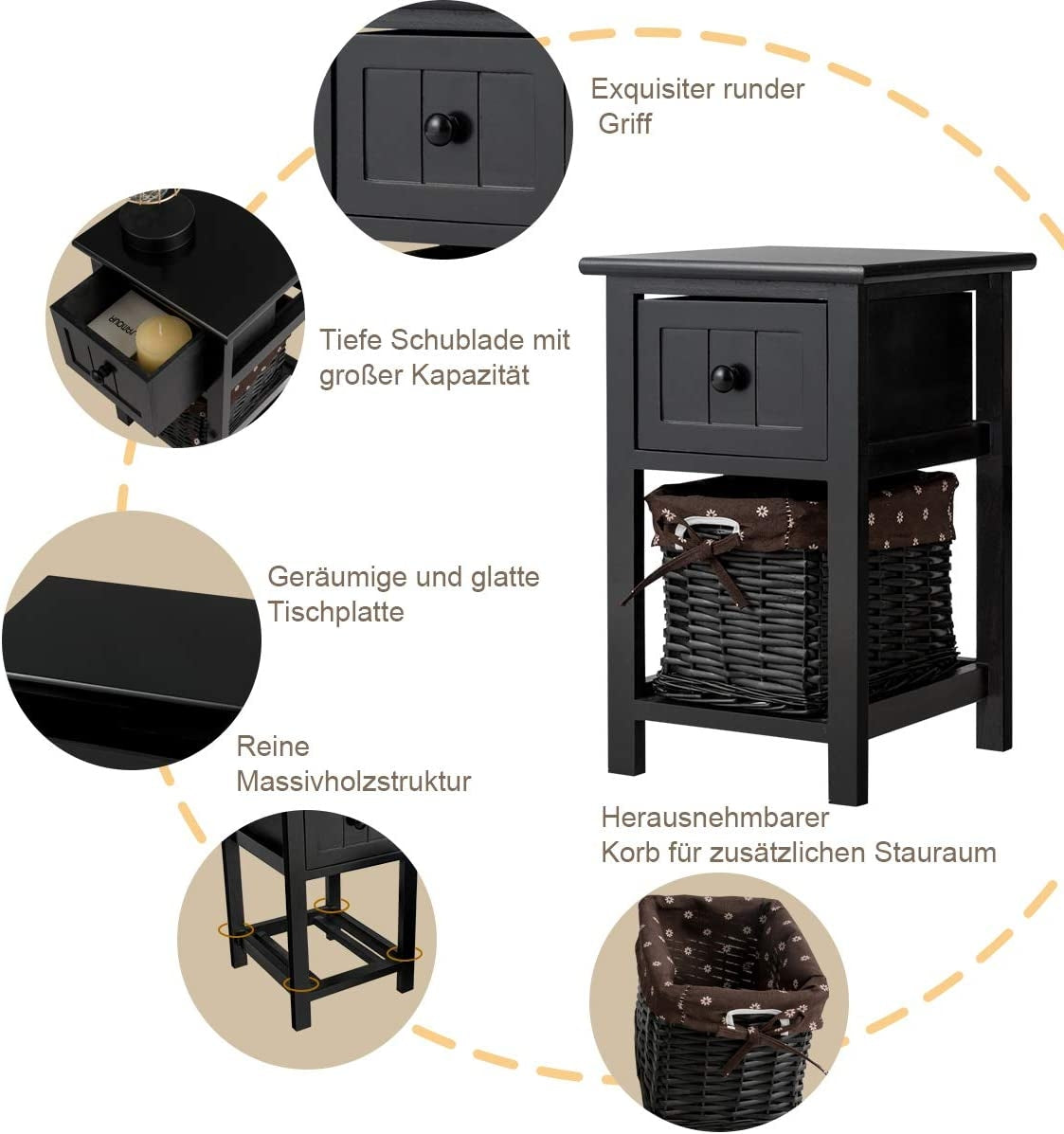 2-tier wooden bedside table with drawer and basket side table with shelf 31 x 28 x 45 cm black