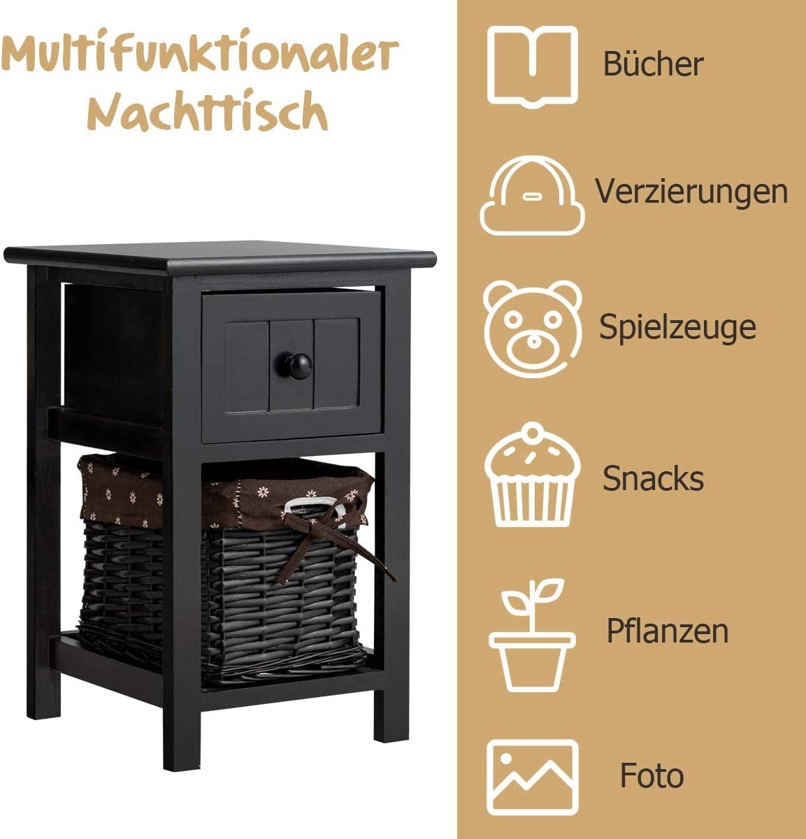 2-tier wooden bedside table with drawer and basket side table with shelf 31 x 28 x 45 cm black
