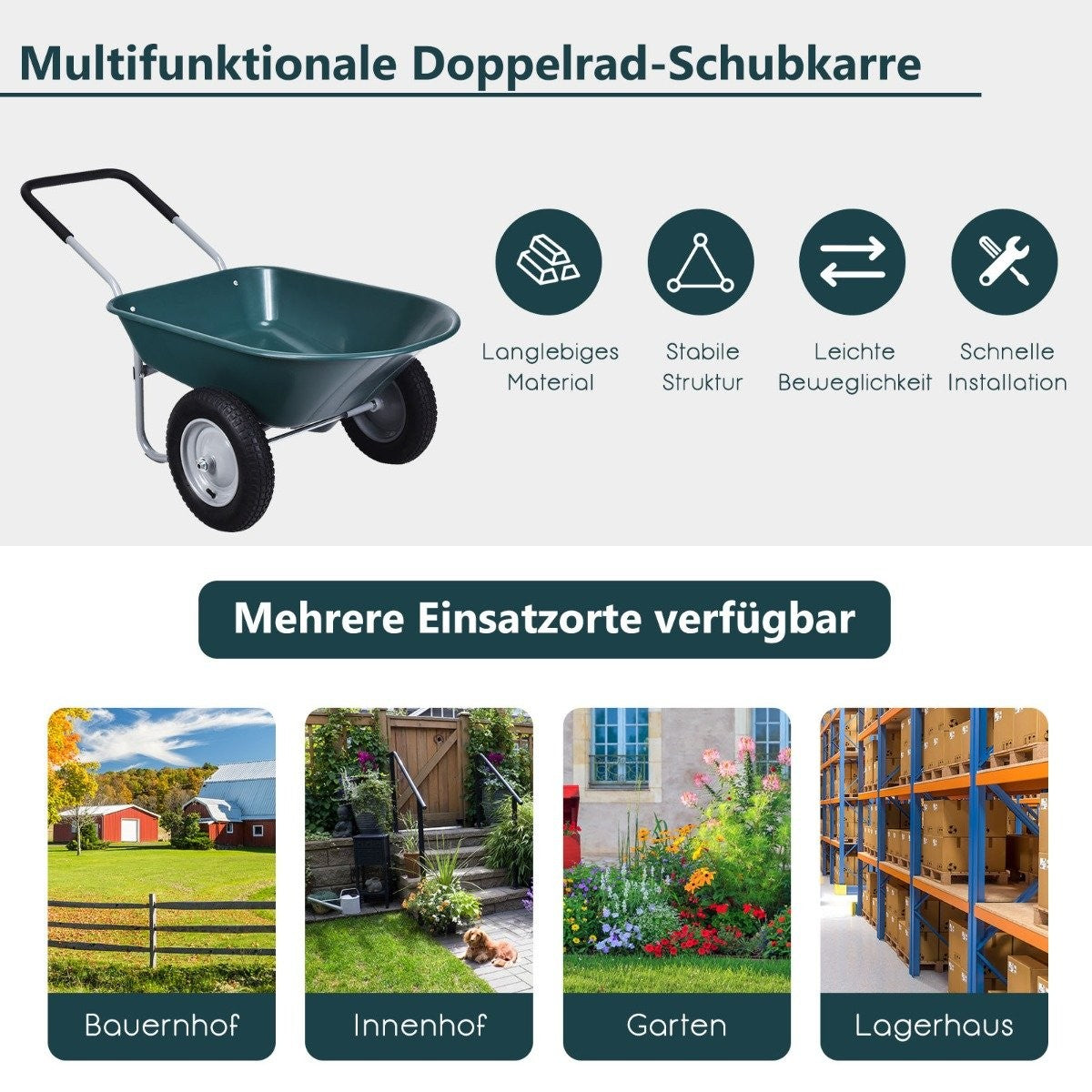 2-wheeled garden wheelbarrow with heavy-duty drawer, 145 x 65 x 65 cm, green