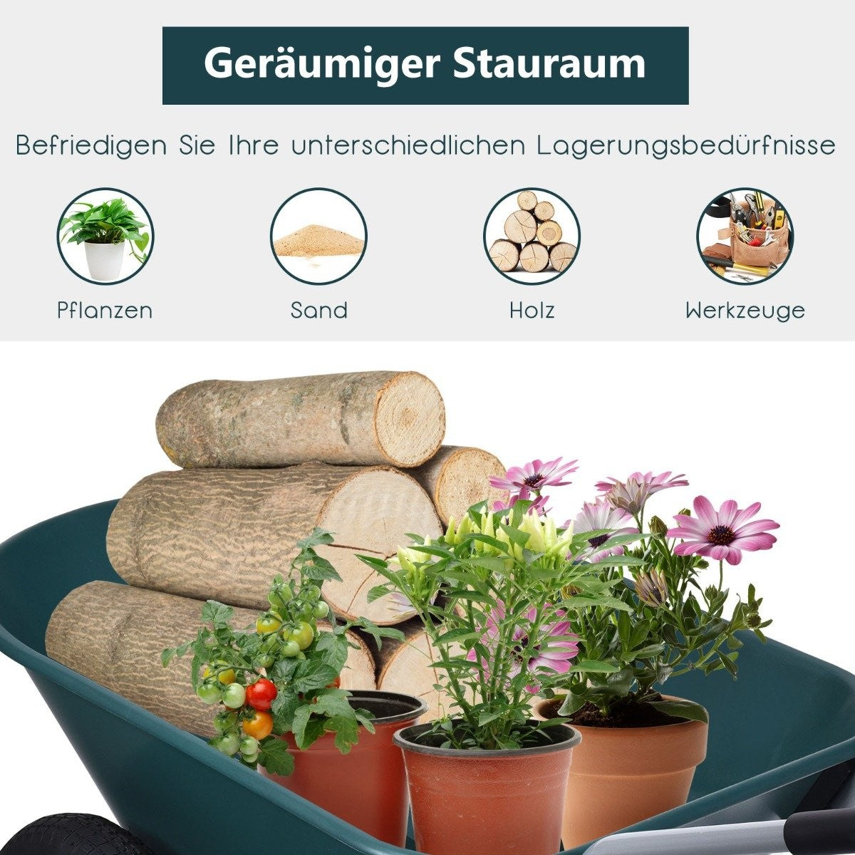 2-wheeled garden wheelbarrow with heavy-duty drawer, 145 x 65 x 65 cm, green