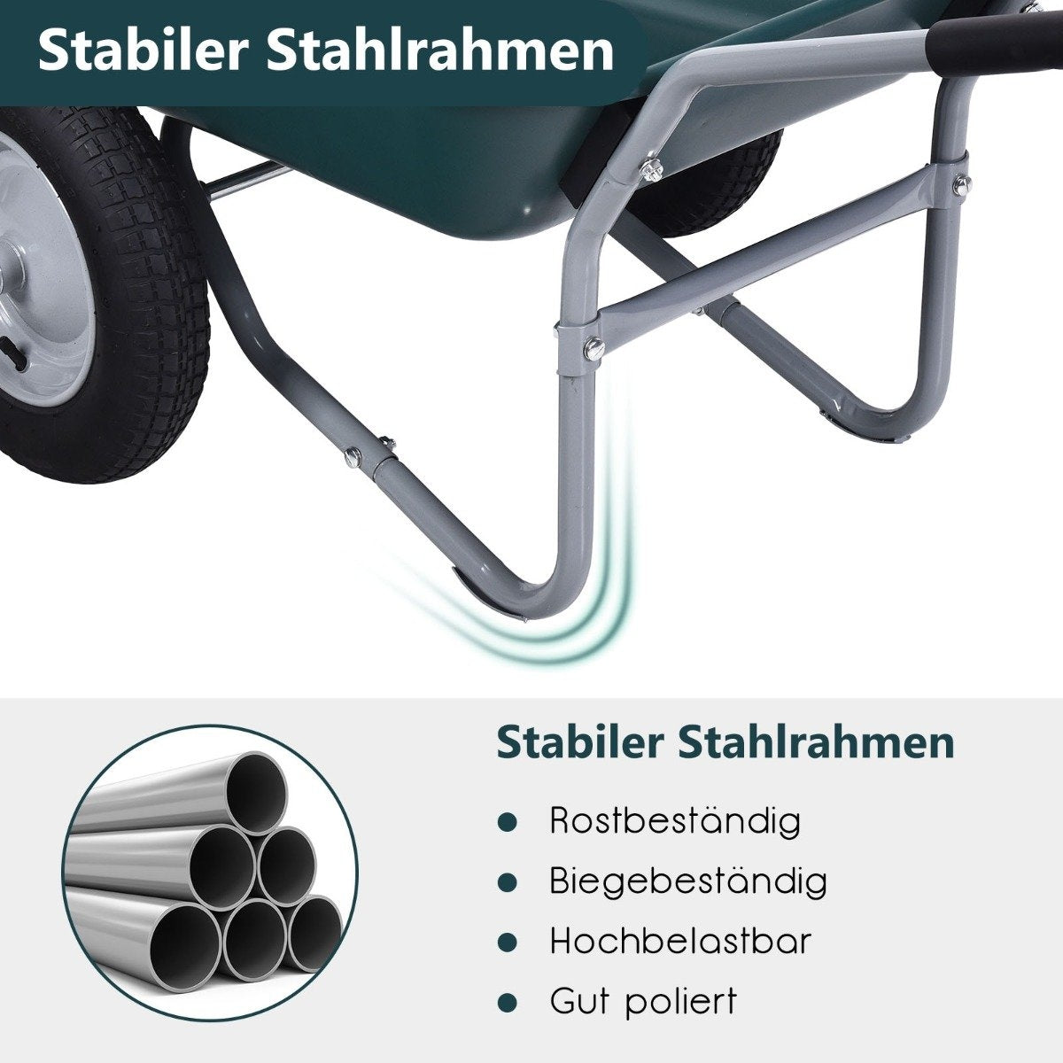 2-wheeled garden wheelbarrow with heavy-duty drawer, 145 x 65 x 65 cm, green