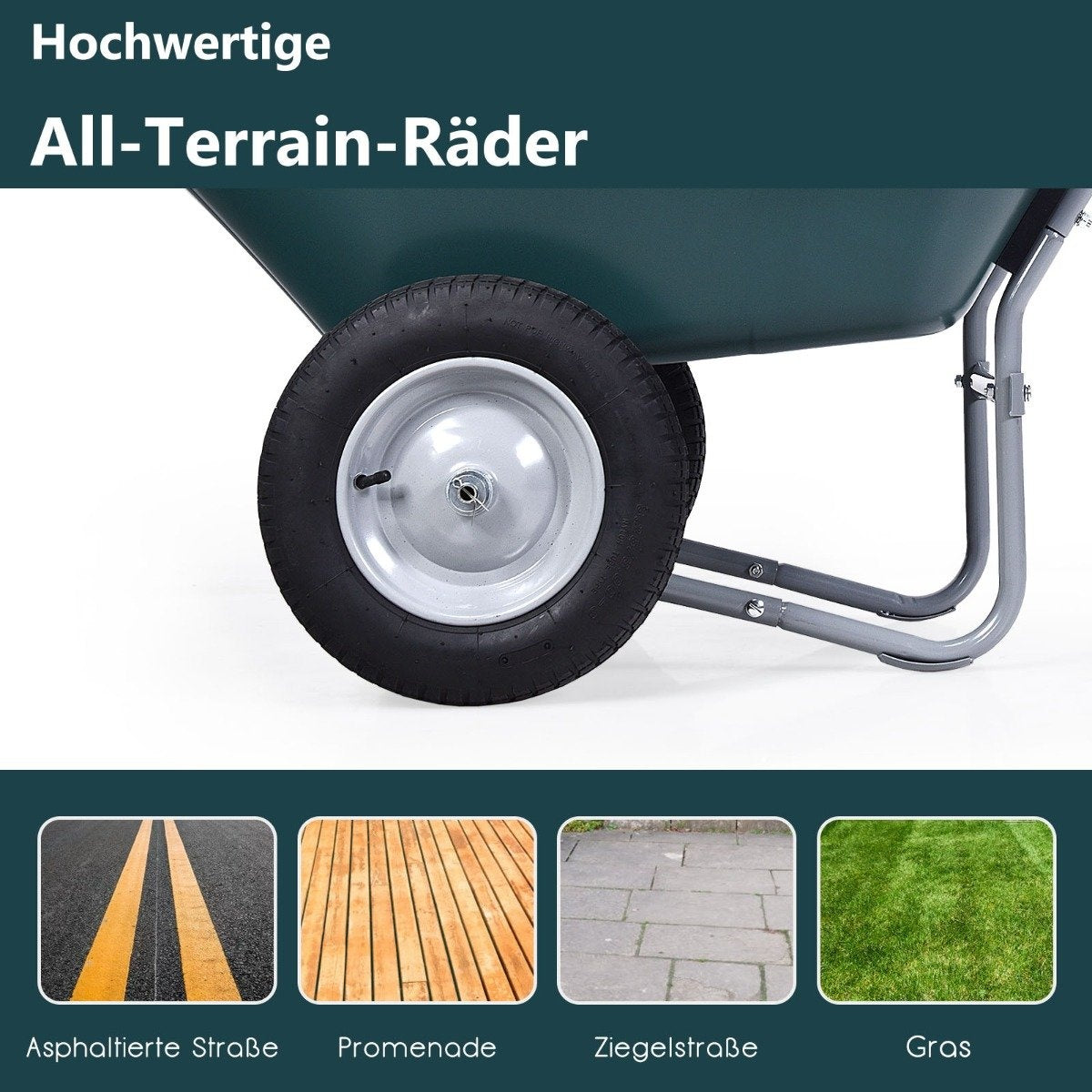 2-wheeled garden wheelbarrow with heavy-duty drawer, 145 x 65 x 65 cm, green