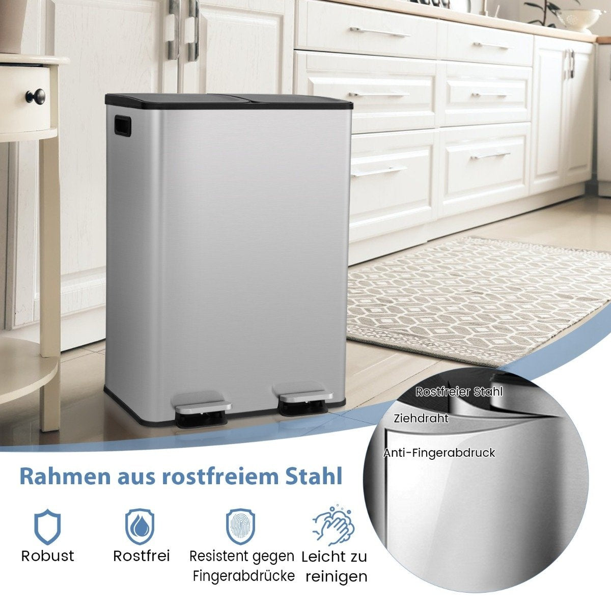 2 x 30L trash can with 2 compartments & soft closing lid & 2 deodorizing compartments silver