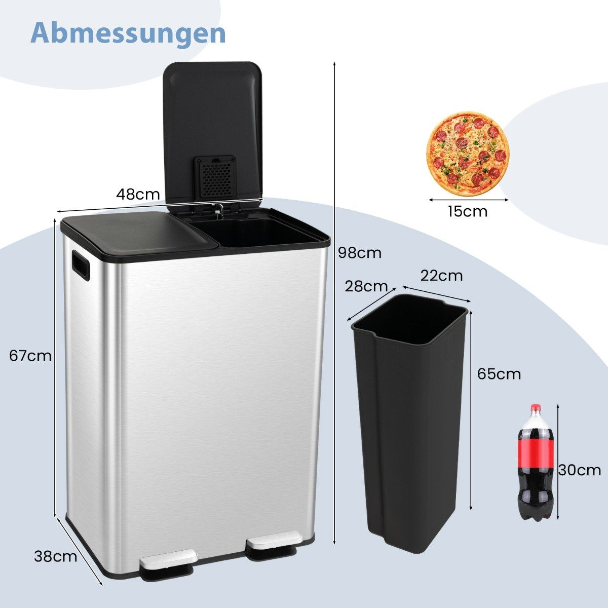 2 x 30L trash can with 2 compartments & soft closing lid & 2 deodorizing compartments silver