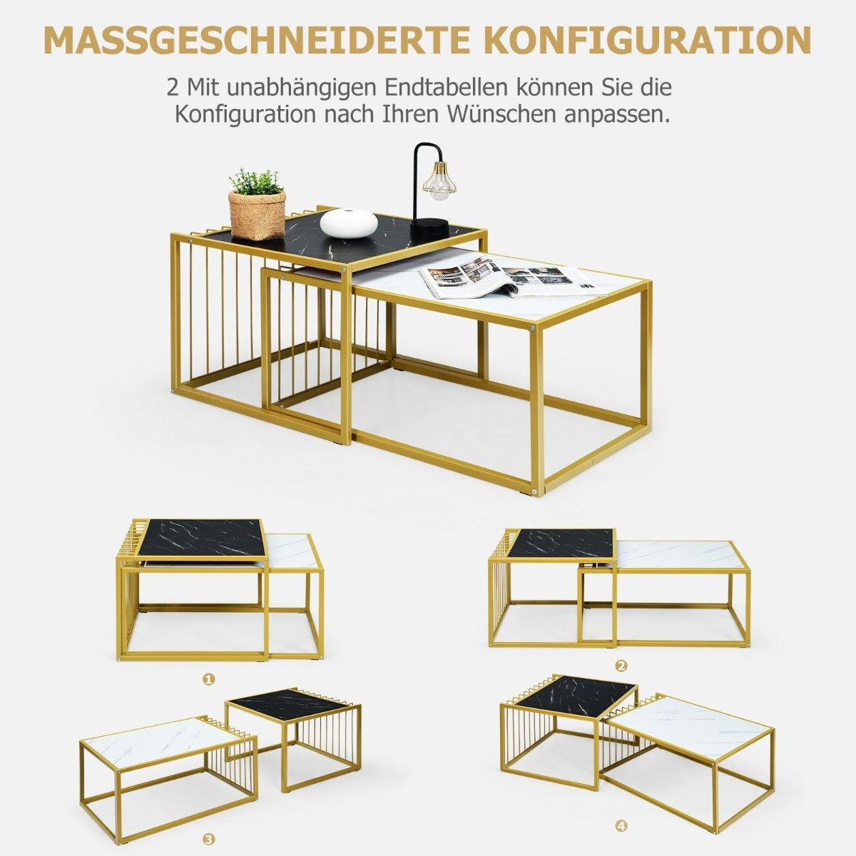 2 x side table set, coffee table, marble modern side table, yellow + black + white
