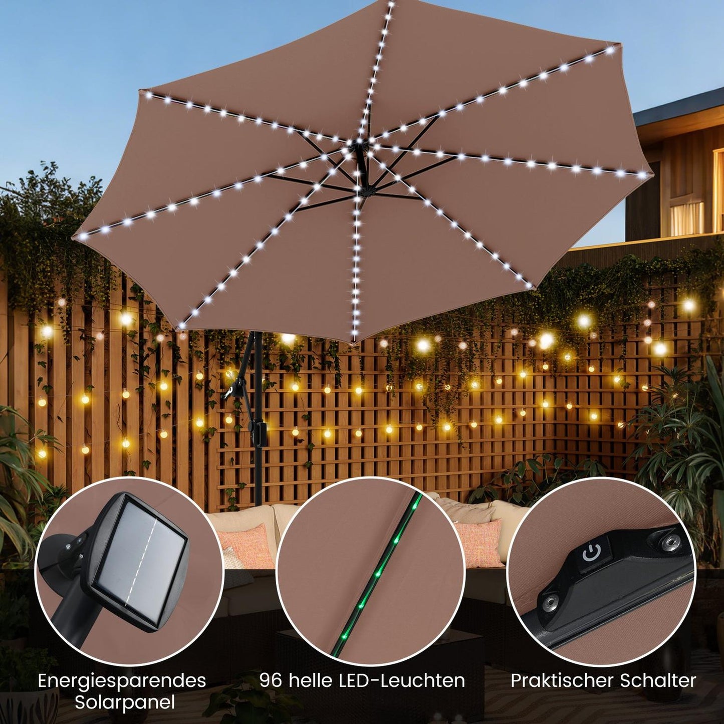 300 cm Cantilever Umbrella with LED Lights, Adjustable Tilt