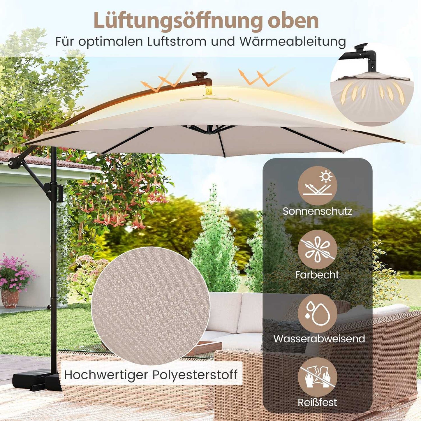 300 cm Cantilever Umbrella with LED Lights, Beige