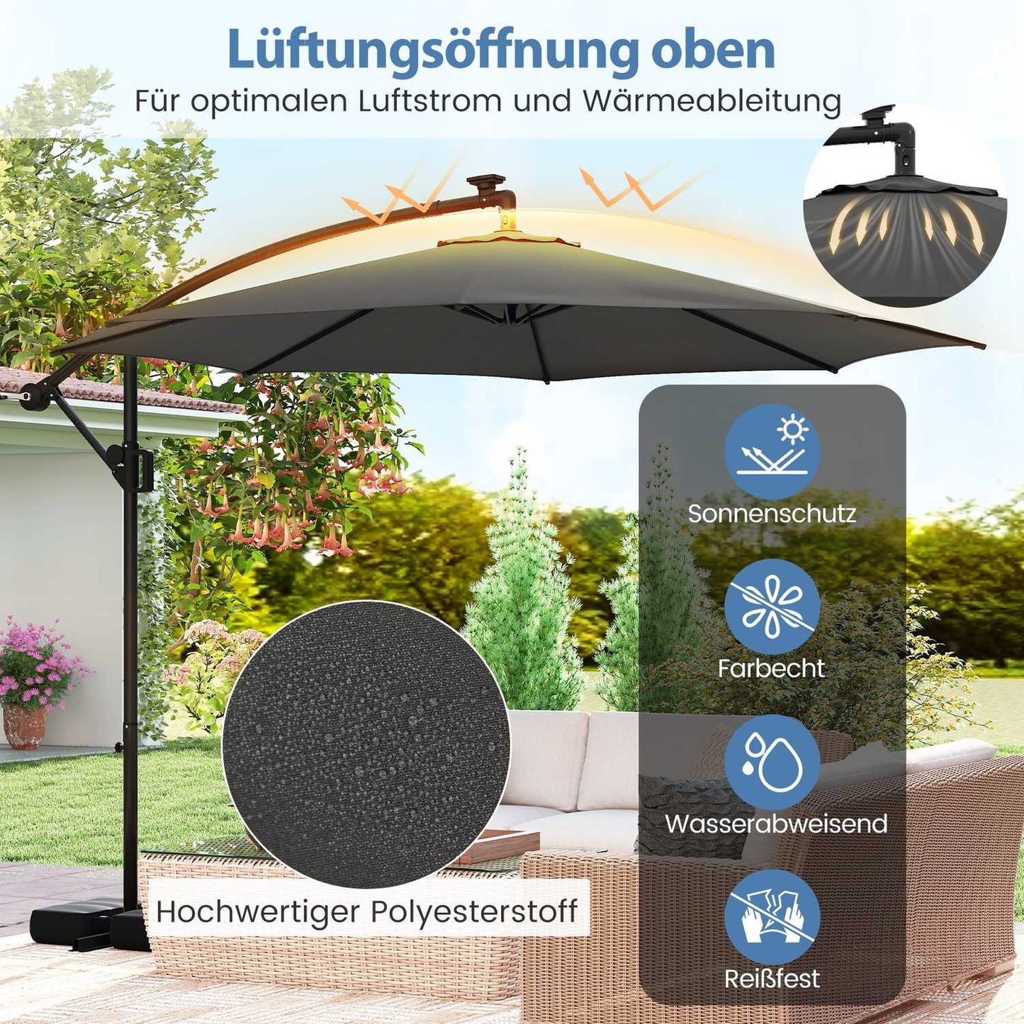 300 cm Patio Umbrella with LED Lights, Adjustable Tilt