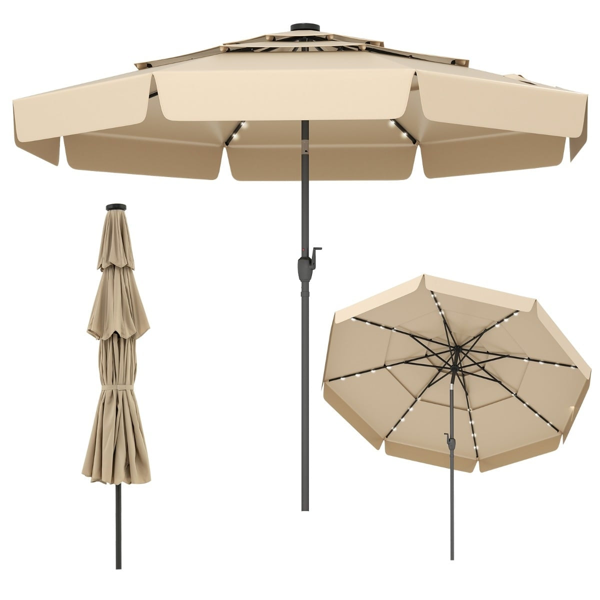300 cm Patio Umbrella with Solar LED Lights, Beige