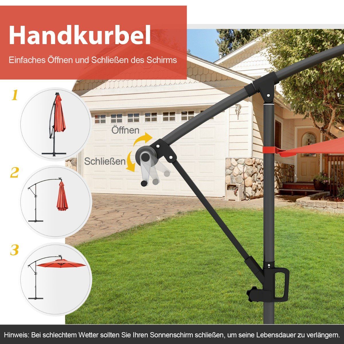 300 cm Solar LED Patio Umbrella with Crank, Orange