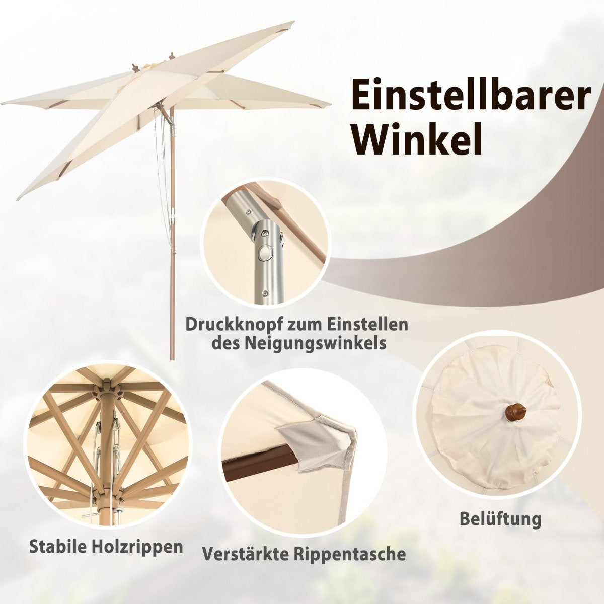 300 cm garden umbrella made of wood, can be bent by 30° on both sides, beige