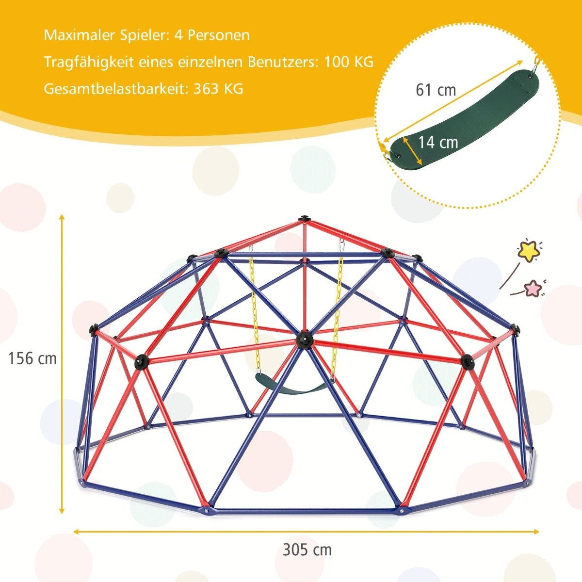 305cm Climbing Dome with Swing, 363kg Capacity, Red