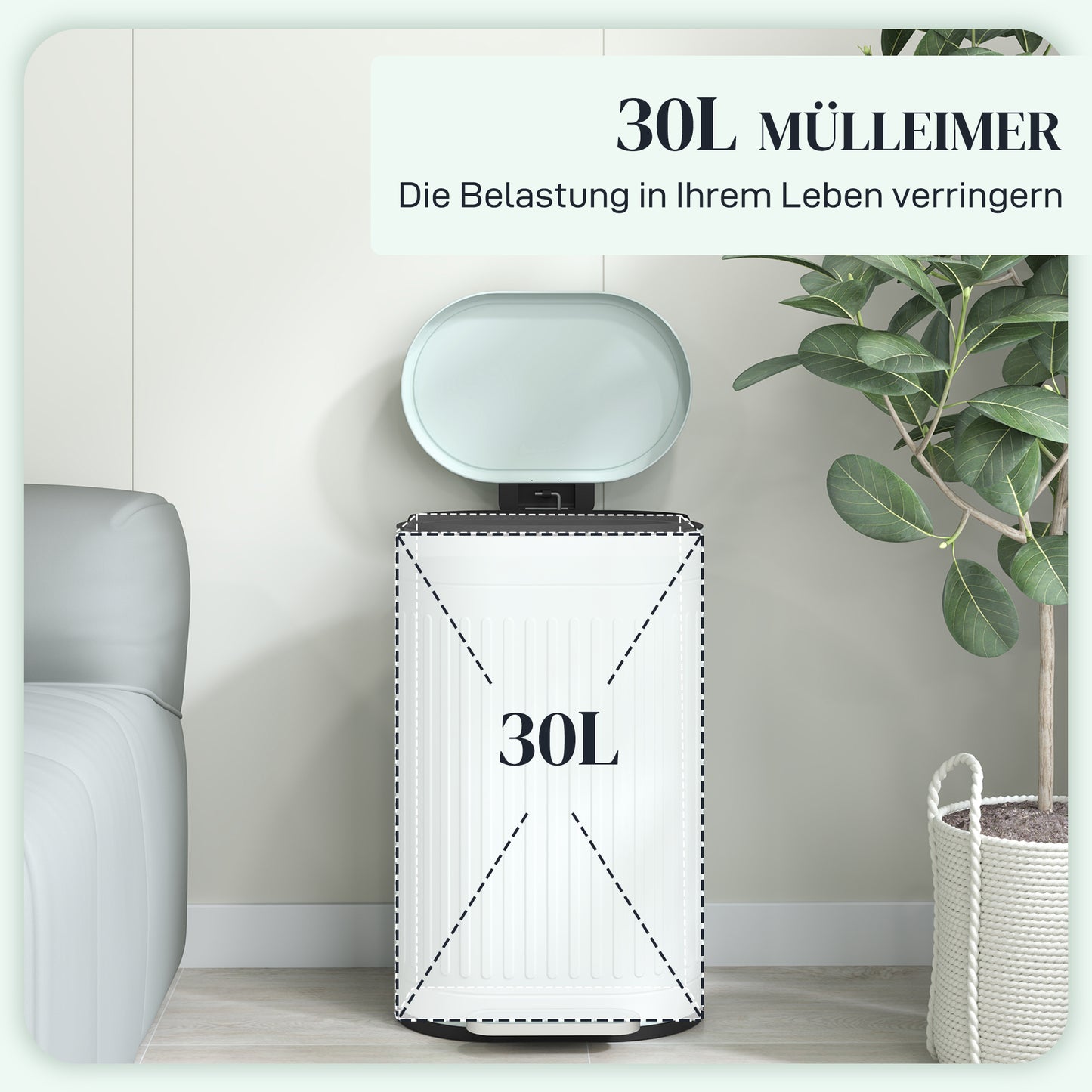 30L Metal Pedal Bin, Soft-Close, Removable Inner Bucket
