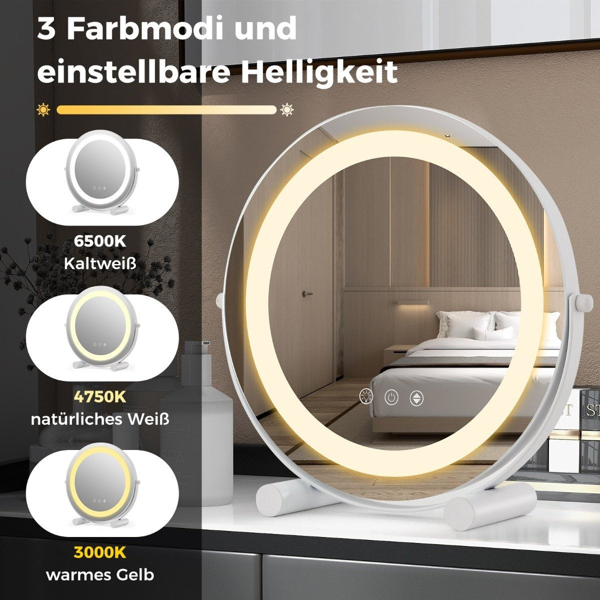 Ø 30 cm Dimmable cosmetic mirror with lighting & touch switch & memory function