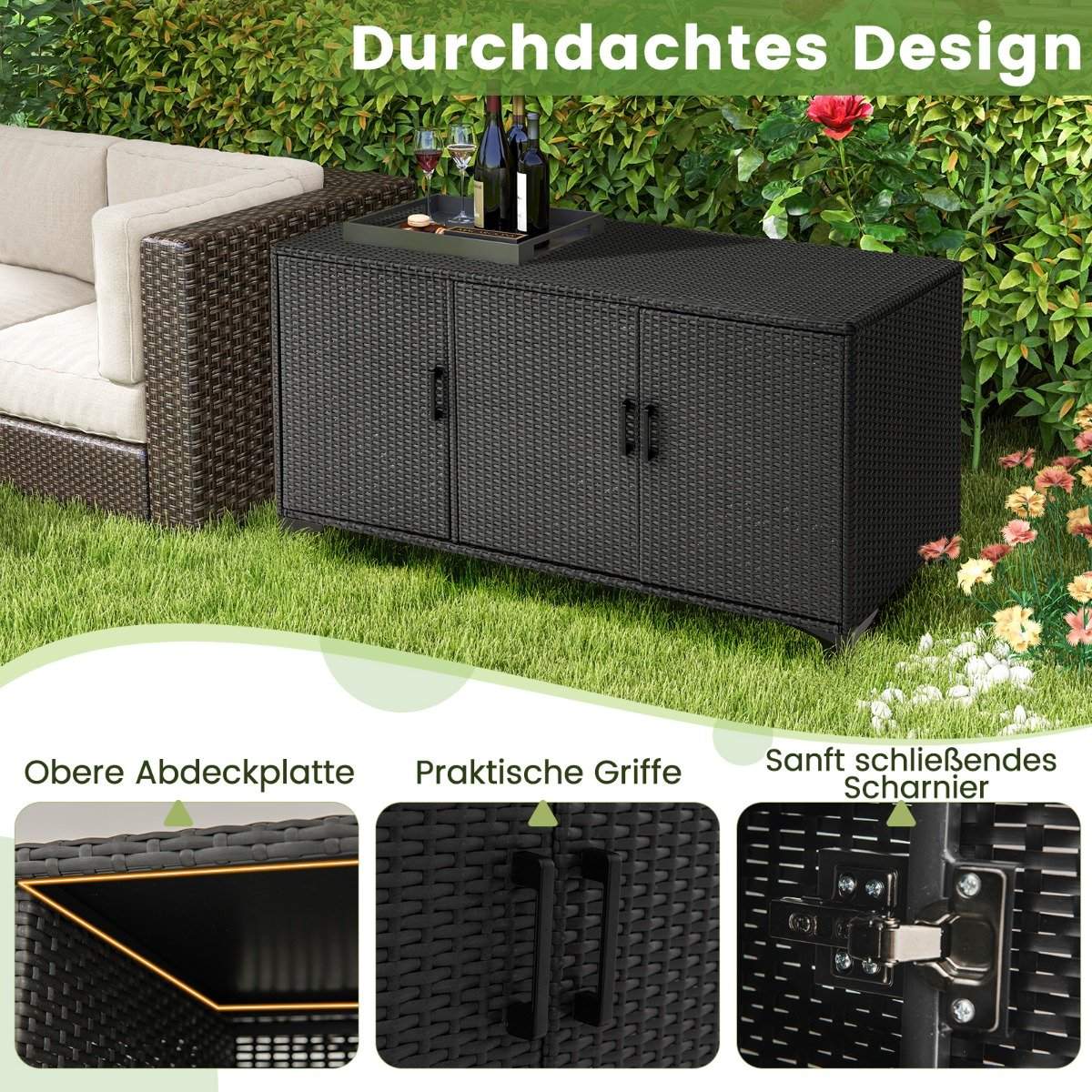 318L Rattan Garden Cabinet with Removable Shelves &amp; Doors Outdoor Weatherproof Side Cabinet Black