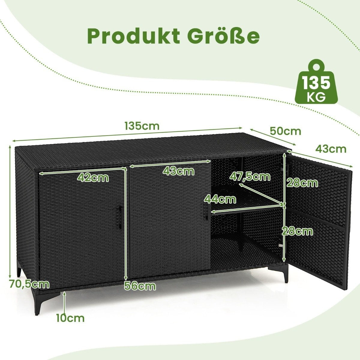 318L Rattan Garden Cabinet with Removable Shelves &amp; Doors Outdoor Weatherproof Side Cabinet Black