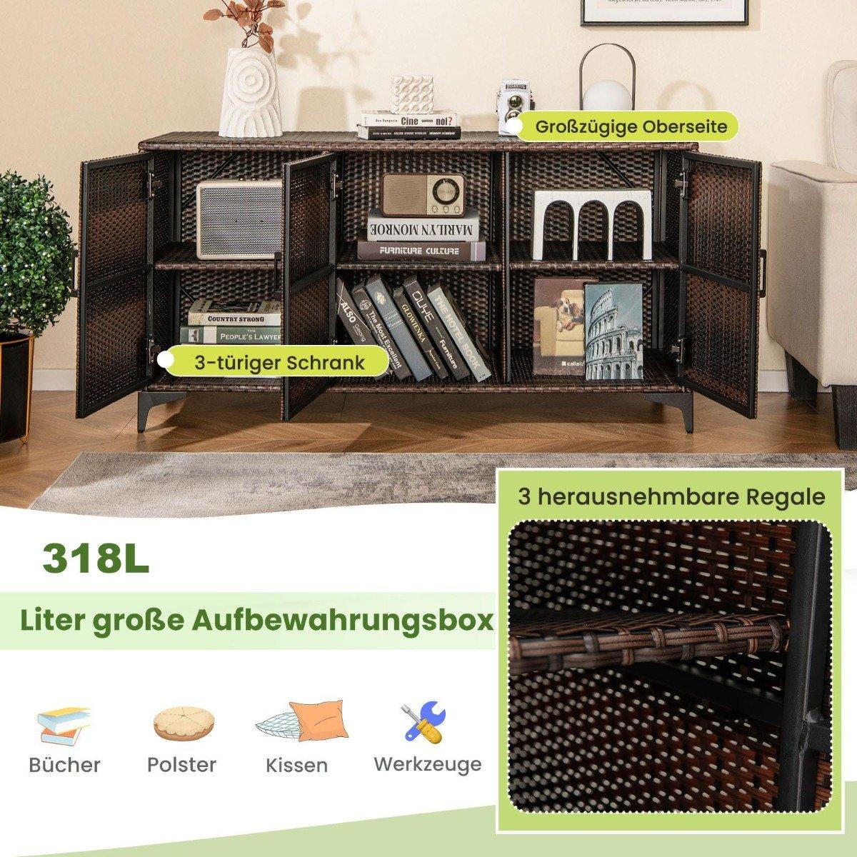318L Rattan Garden Cabinet with Removable Shelves &amp; Doors Outdoor Weatherproof Side Cabinet Brown