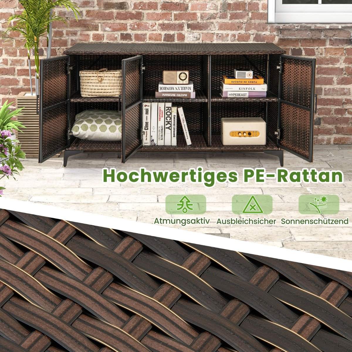 318L Rattan Garden Cabinet with Removable Shelves &amp; Doors Outdoor Weatherproof Side Cabinet Brown
