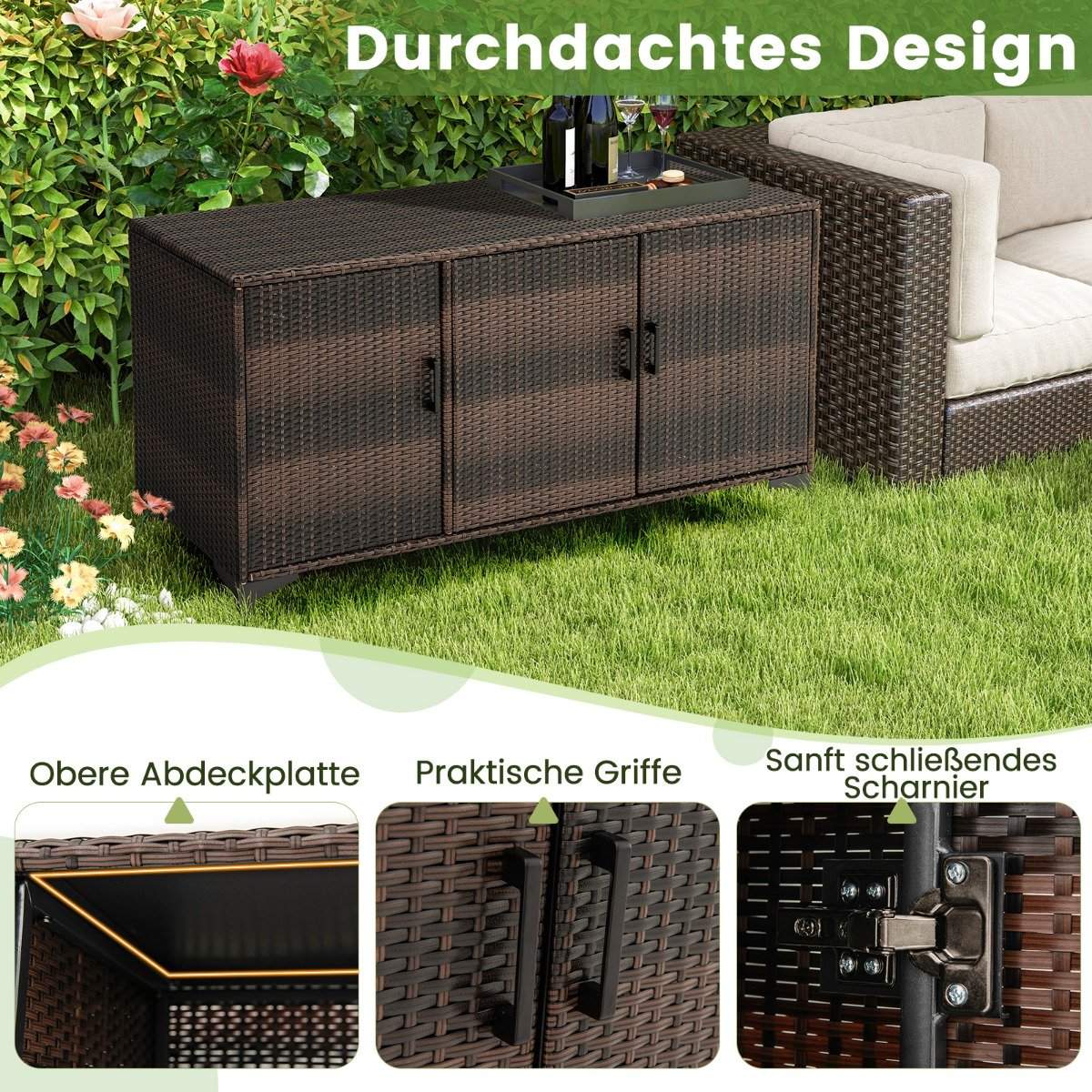 318L Rattan Garden Cabinet with Removable Shelves &amp; Doors Outdoor Weatherproof Side Cabinet Brown