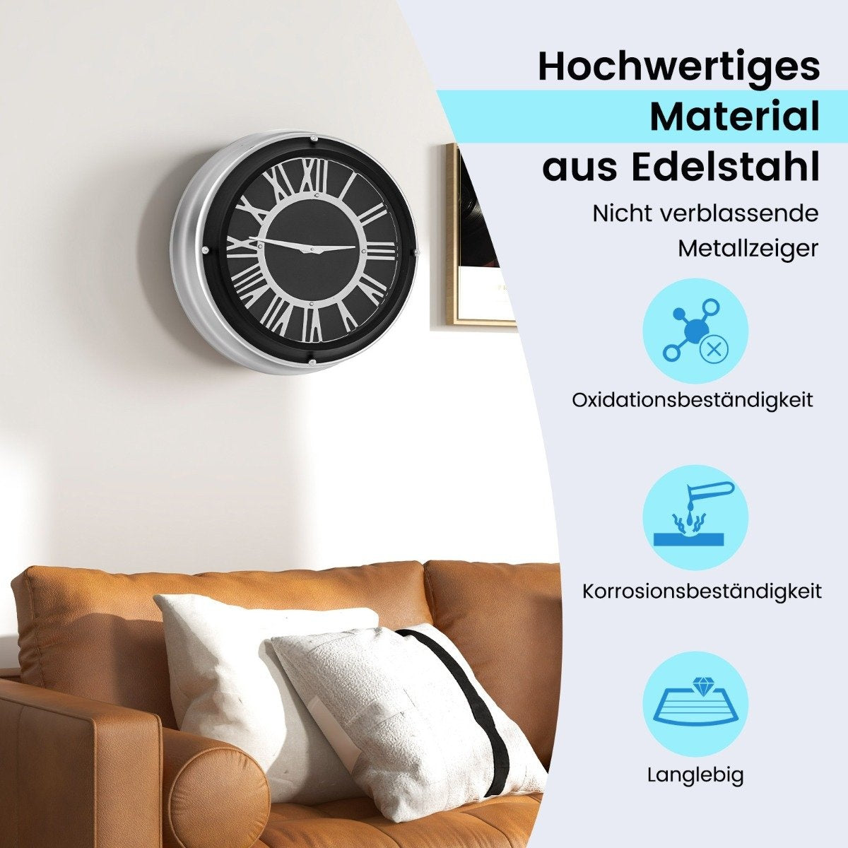Ø 34.5 cm quiet wall clock with silver frame &amp; Roman dial without ticking noises - Ø 34.5 cm