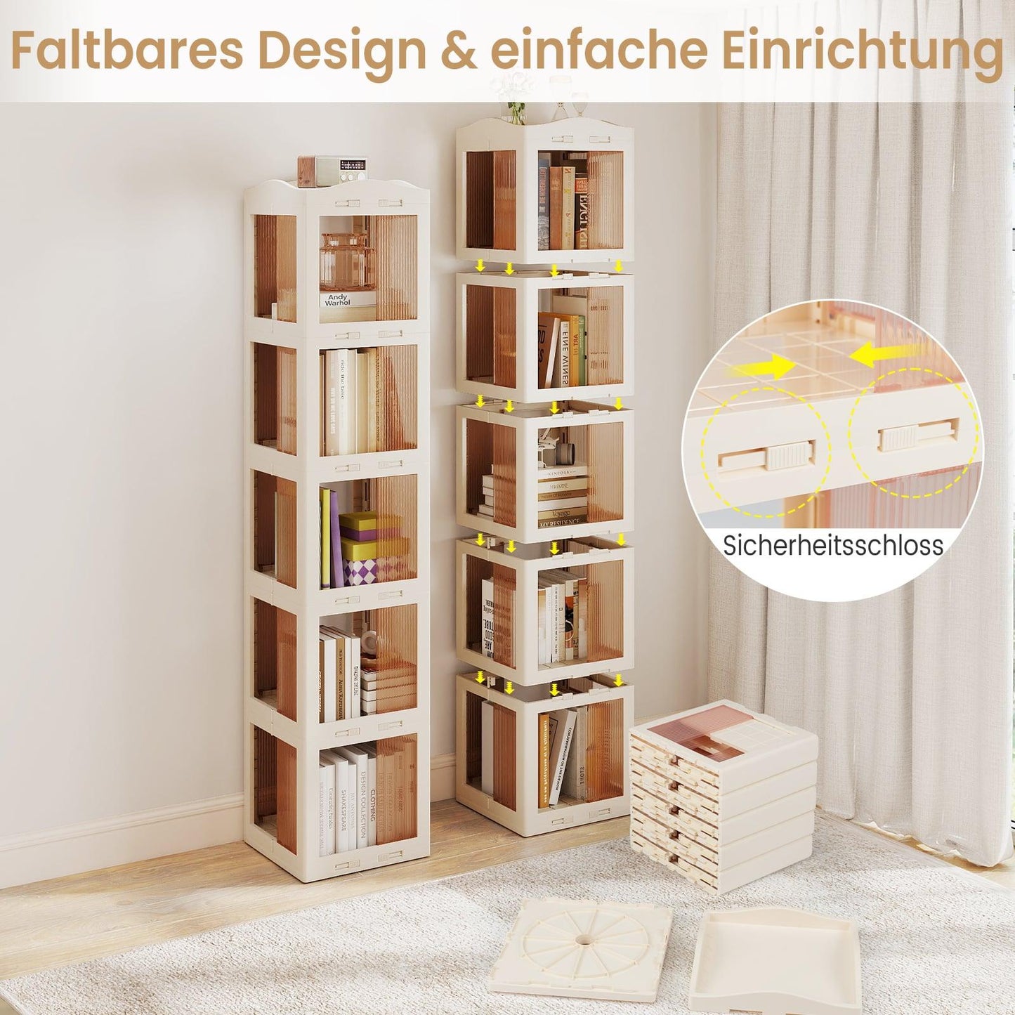 360 Rotating Bookshelf, Foldable, Transparent, 174 cm