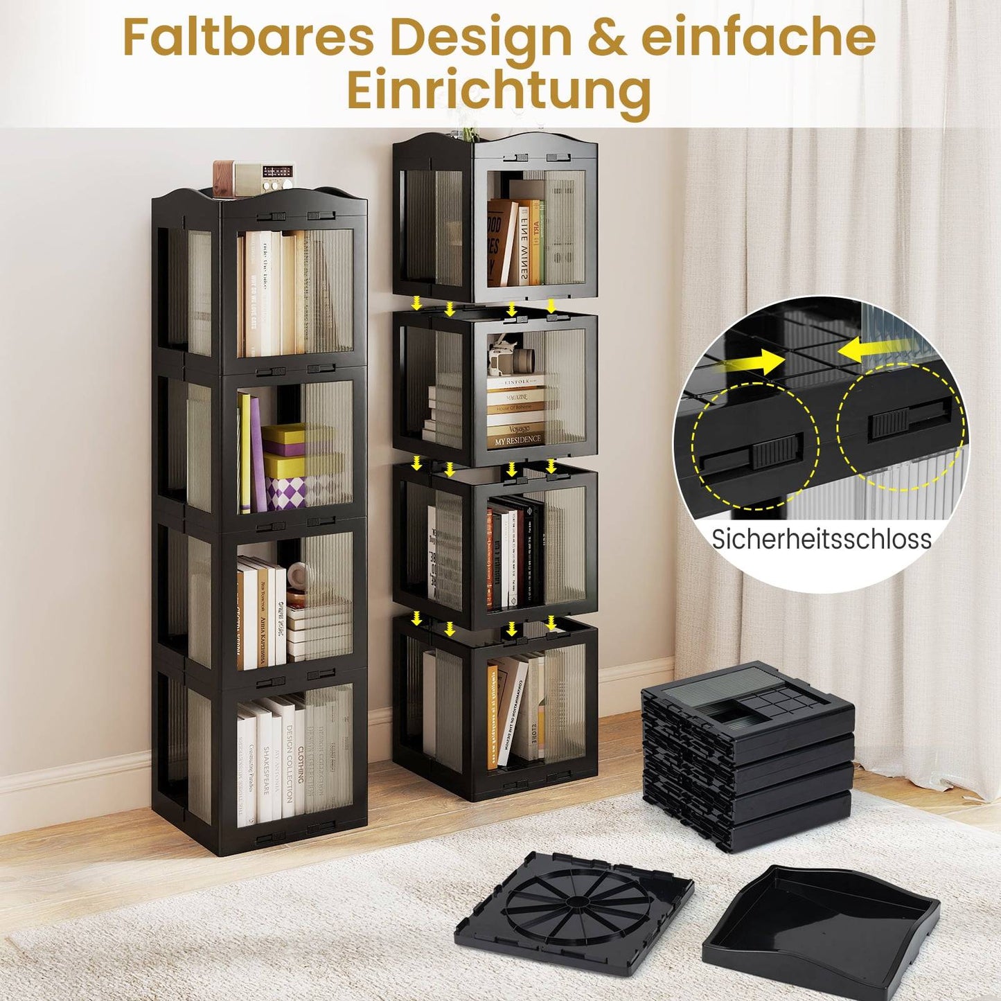 360 Rotating Bookshelf, Foldable, Transparent, Black
