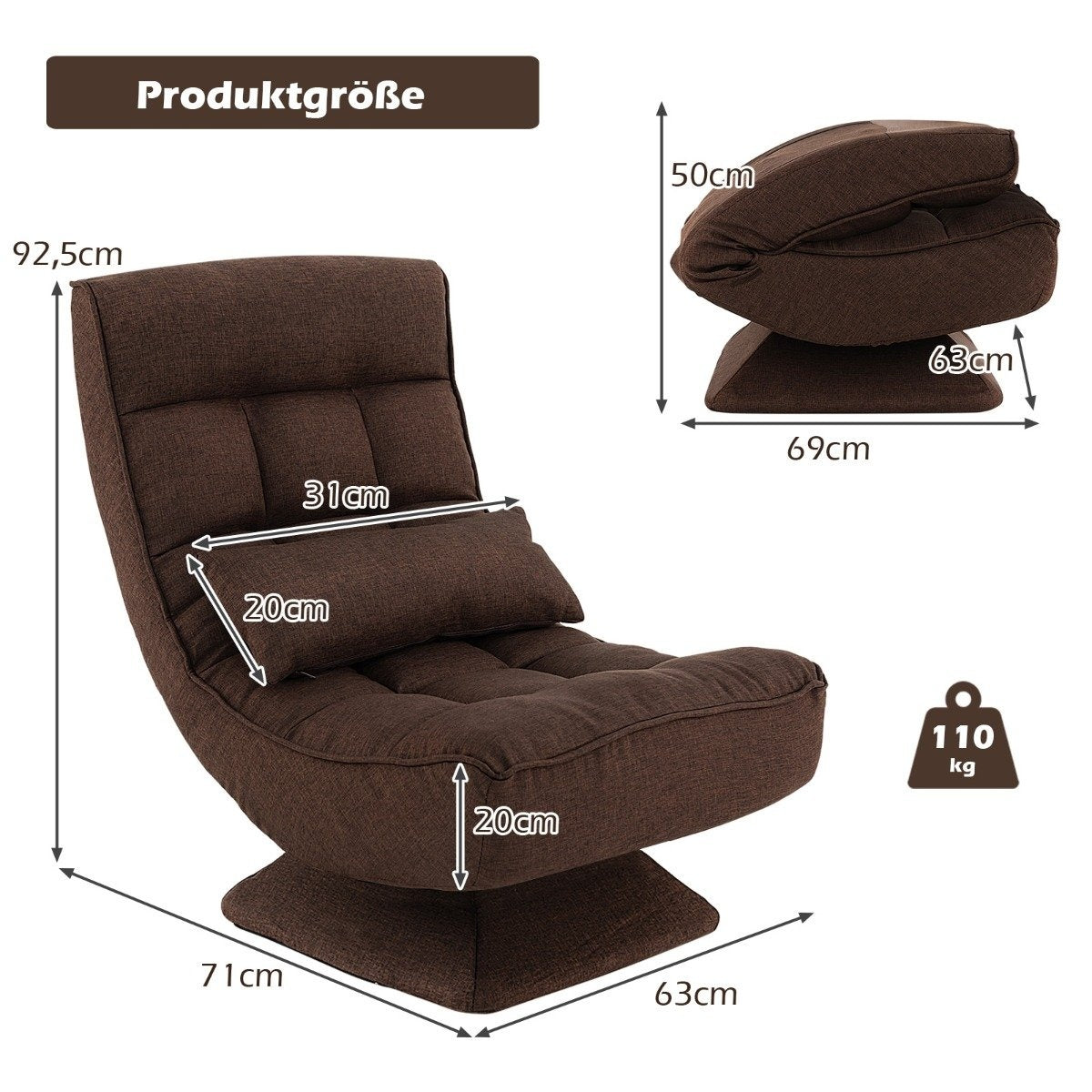360° Rotating Floor Chair with Backrest & Lumbar Cushion Floor Chair Lazy Sofa Brown