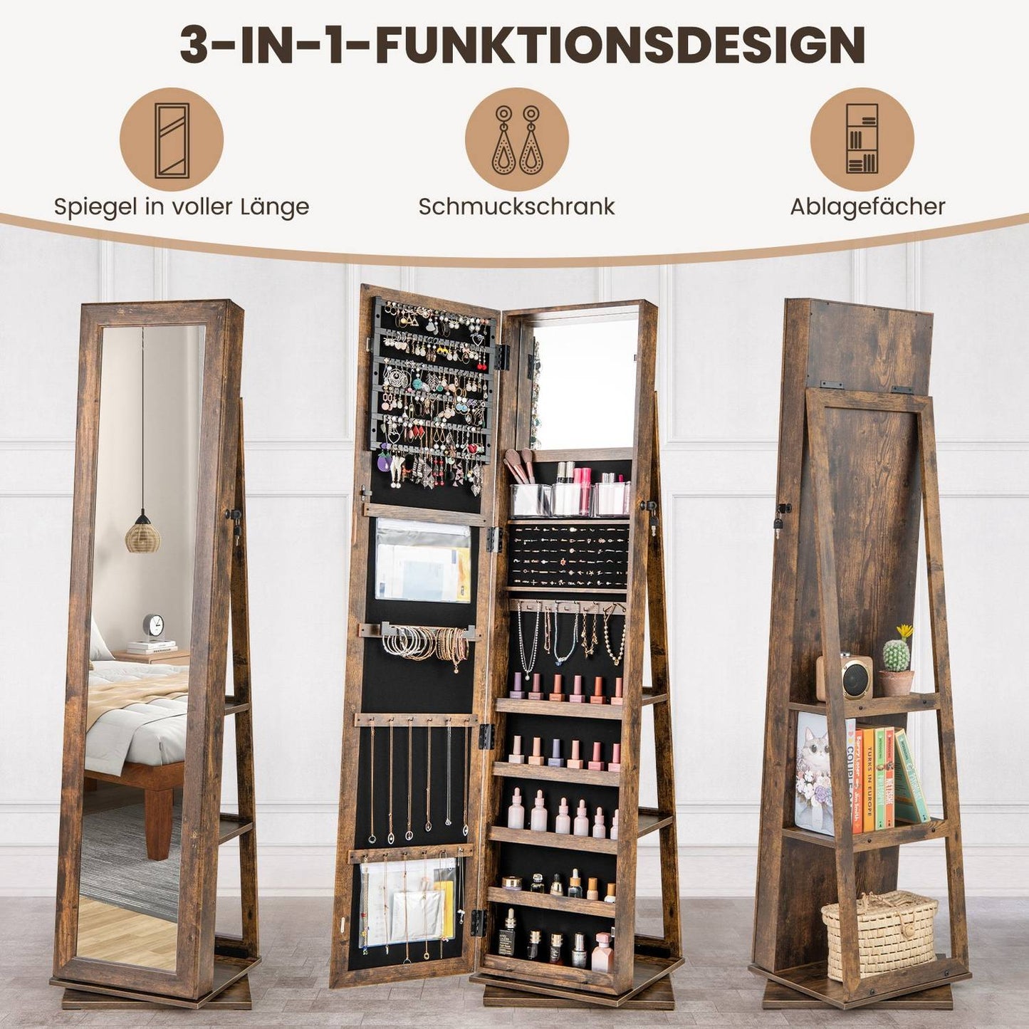 360° Rotating Jewelry Armoire with Full-Length Mirror