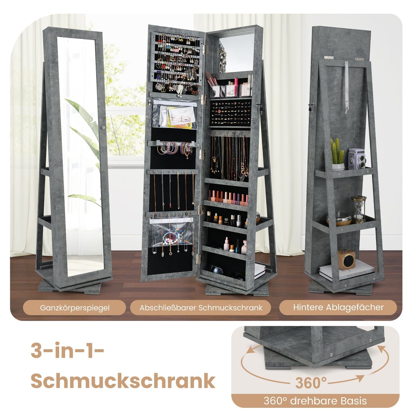 360 Rotating Jewelry Cabinet with Full-Length Mirror