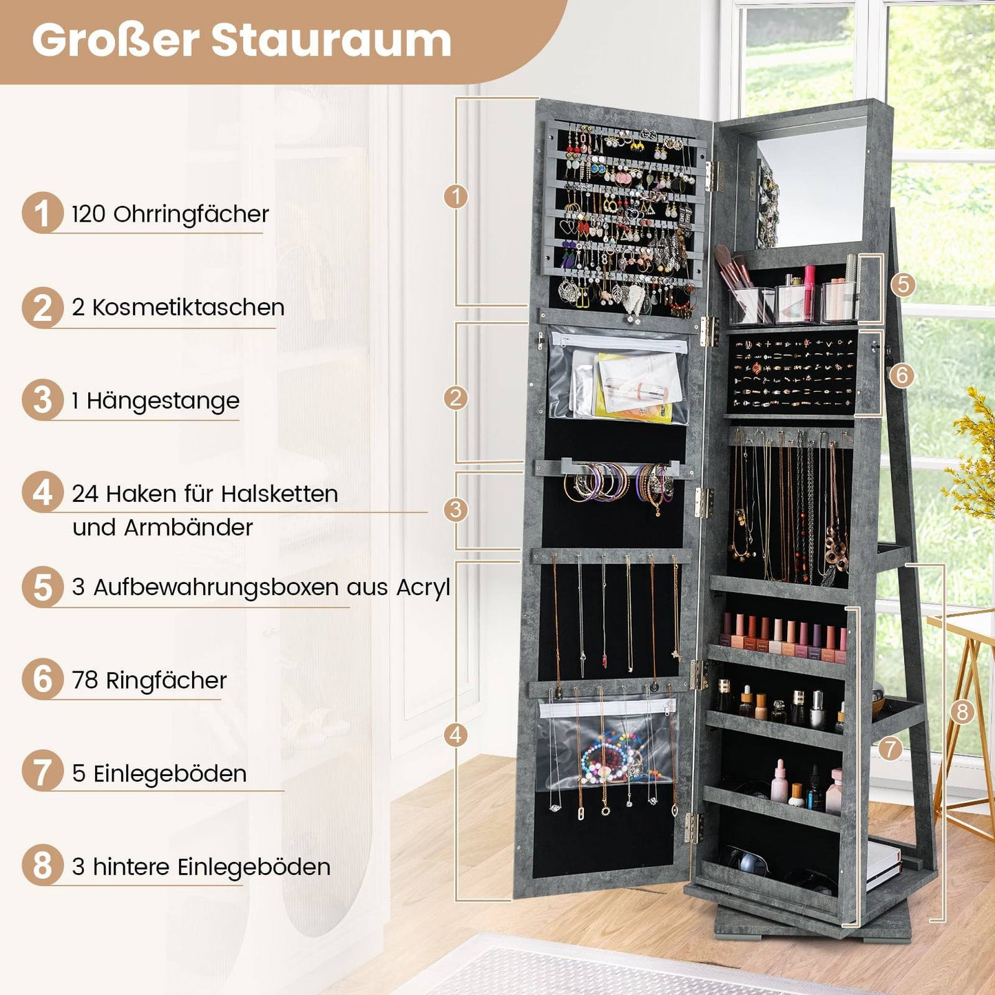360 Rotating Jewelry Cabinet with Full-Length Mirror