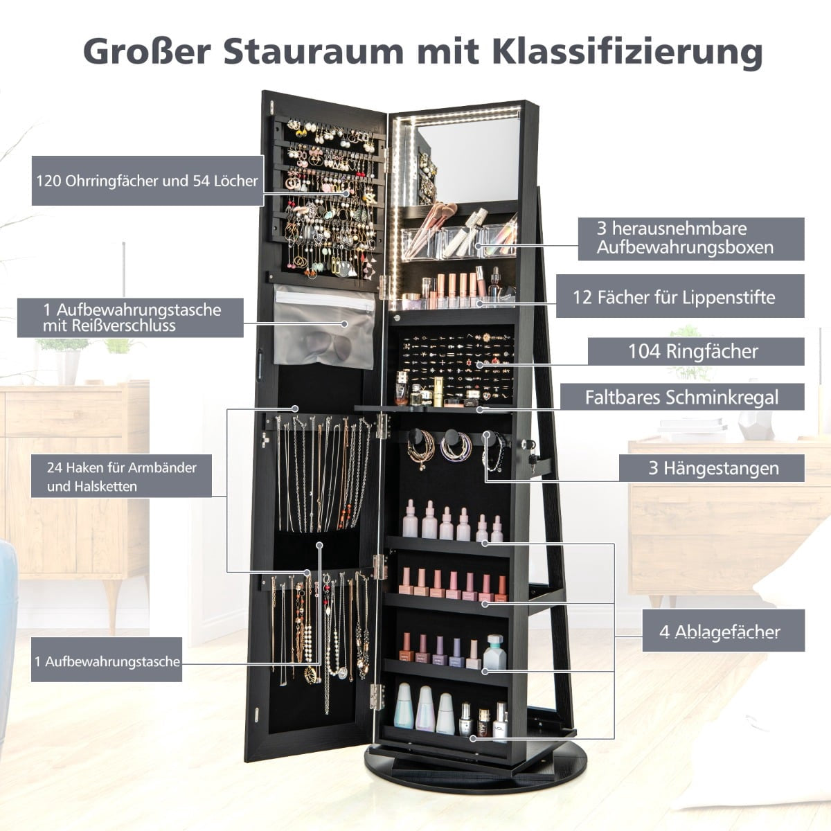 360 Rotating Jewelry Cabinet with LED Lights, Black