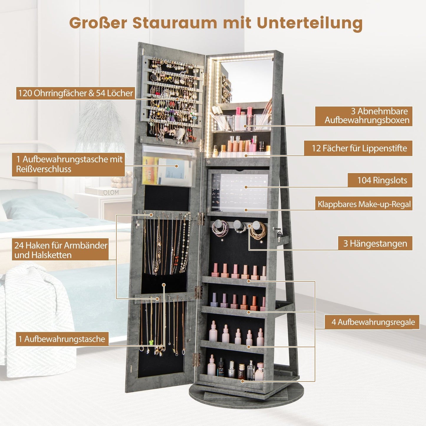 360 Rotating Jewelry Cabinet with LED Lights, Mirror
