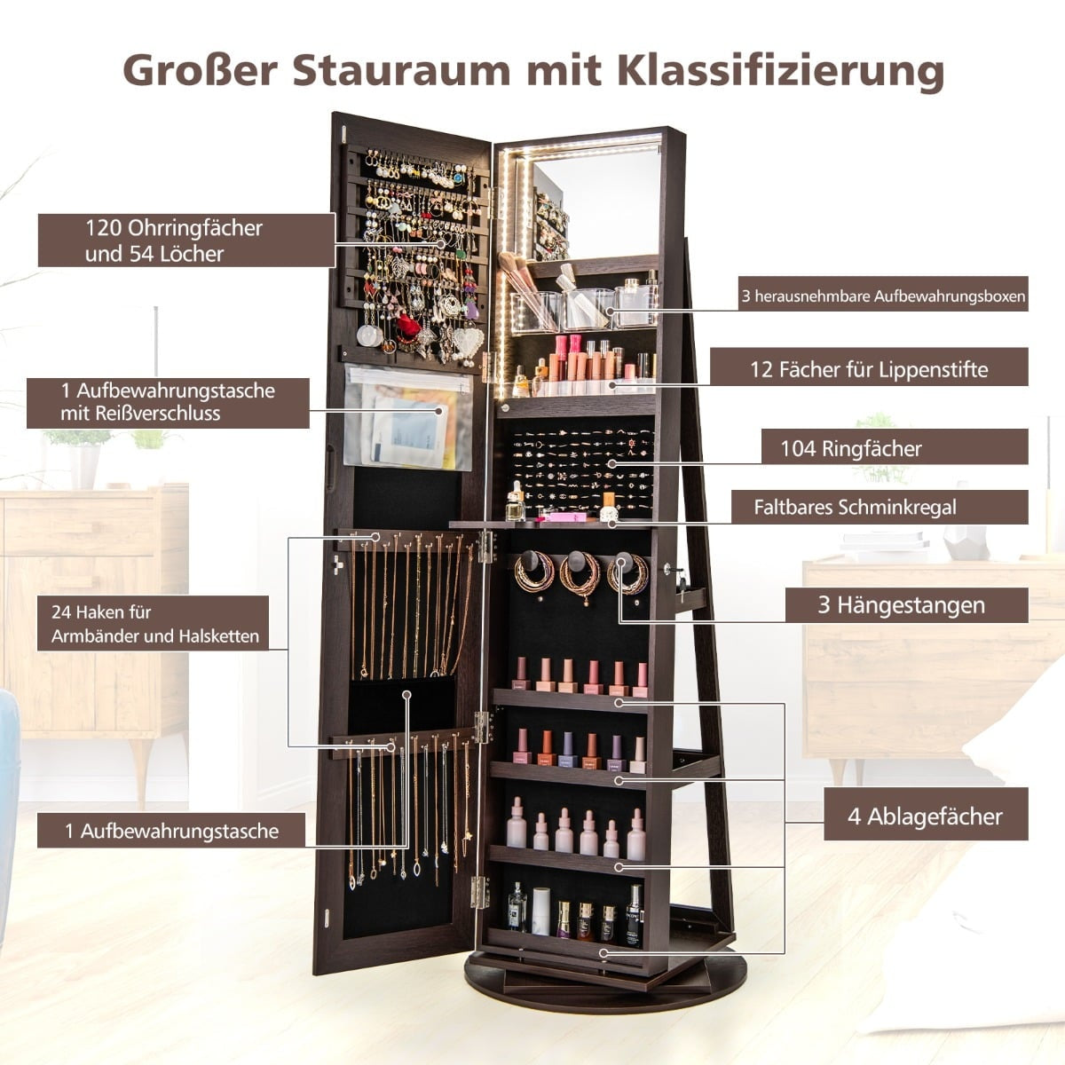 360 Rotating Jewelry Cabinet with LED Lights, Mirror
