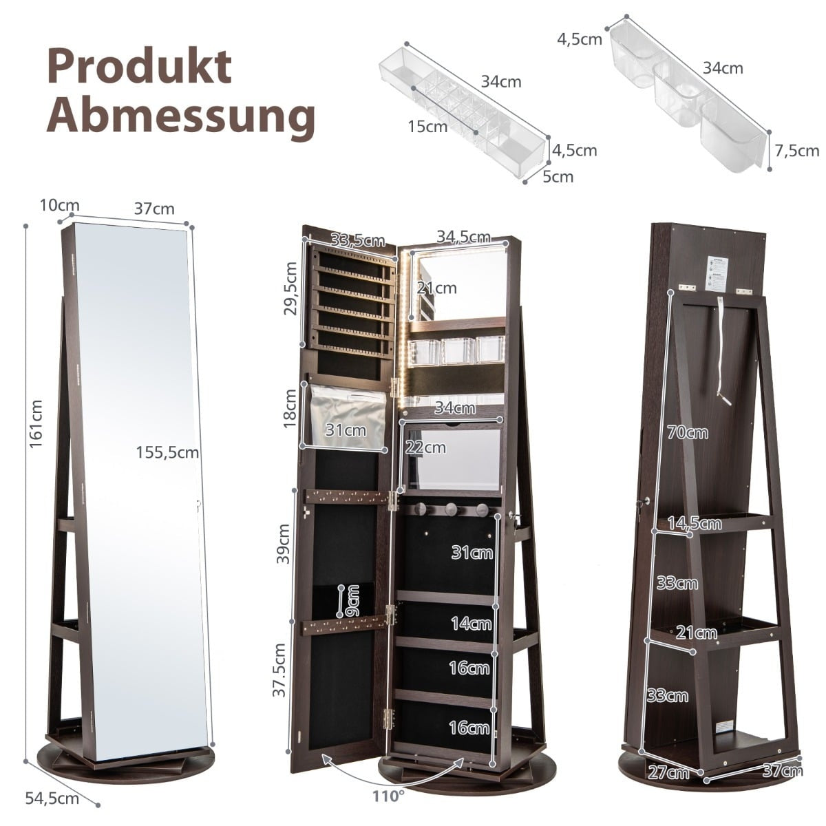360 Rotating Jewelry Cabinet with LED Lights, Mirror