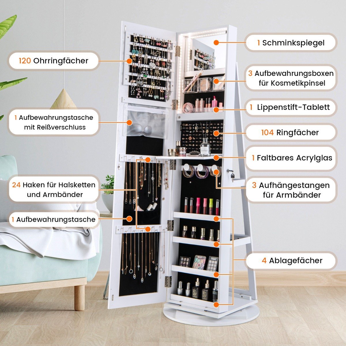 360° Rotating Jewelry Cabinet with LED Lights, Mirror, Lock