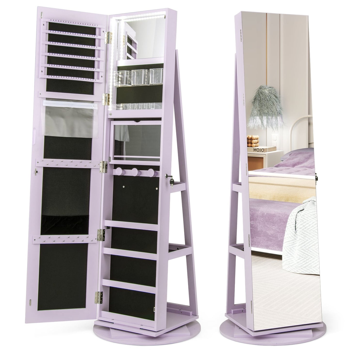360 Rotating Jewelry Cabinet with LED Lights, Mirror, Lock