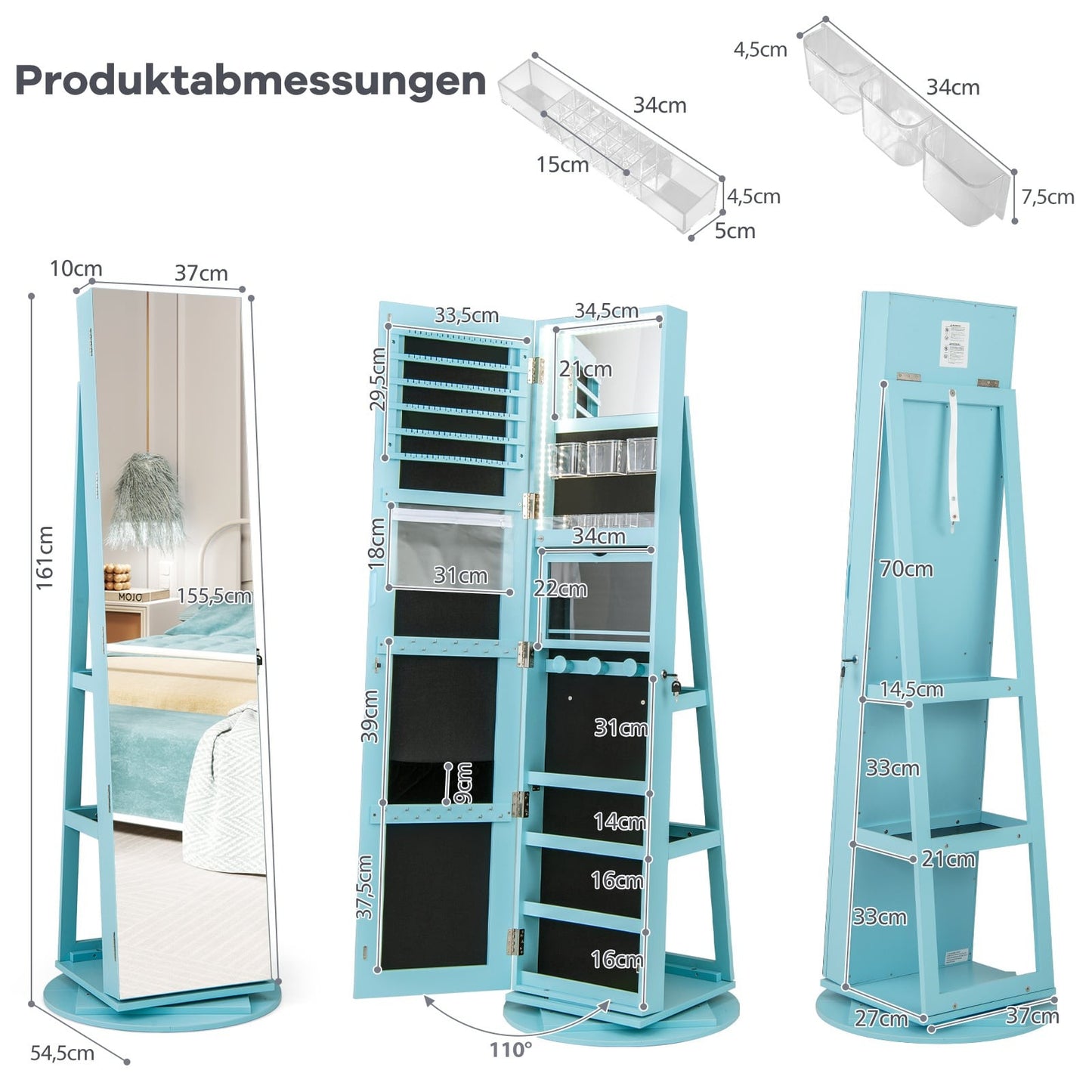 360 Rotating Jewelry Cabinet with LED Lights and Mirror